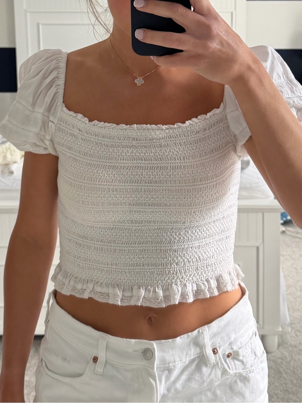 Astr White Smocked Puff-Sleeve Crop Top